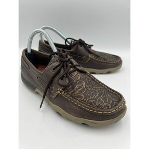 Twisted X Womens Tooled Boat Driving Shoes Moc Toe WDM0070 Brown Embossed 6.5M